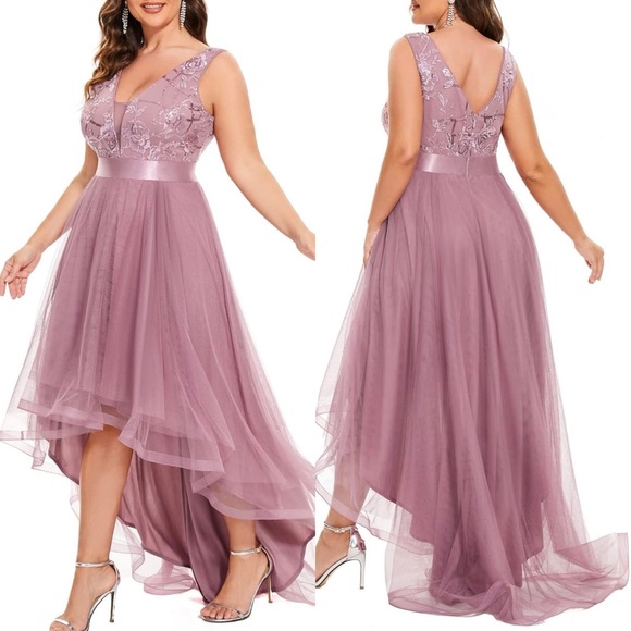 Ever-Pretty Plus Women’s V Neck Lace Appliqué High Low A-Line Dress Blush - Picture 1 of 5